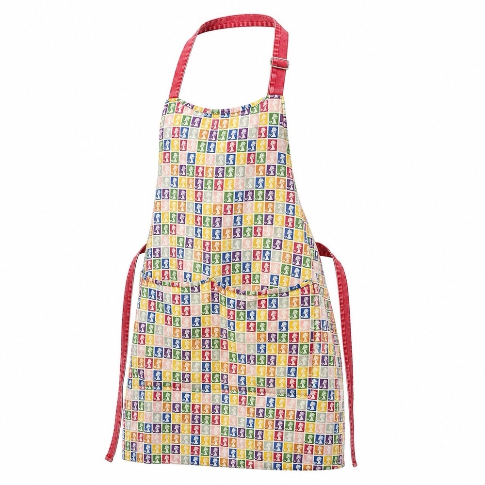 Vintage Full Apron 100% Cotton Multicolor Stamp Print Pockets Adjustable Neck